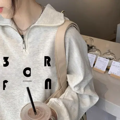 春秋美式复古卫衣女polo领薄款港风chic小个子高级感宽松套头上衣商品大图