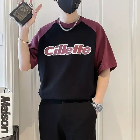 个性撞色插肩重磅T恤男夏季ins潮牌印花短袖T恤复古百搭半袖上衣商品大图