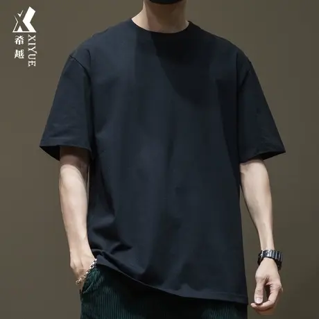希越纯棉净版黑色重磅短袖T恤男2024春夏宽松大码加大胖子五分t恤商品大图