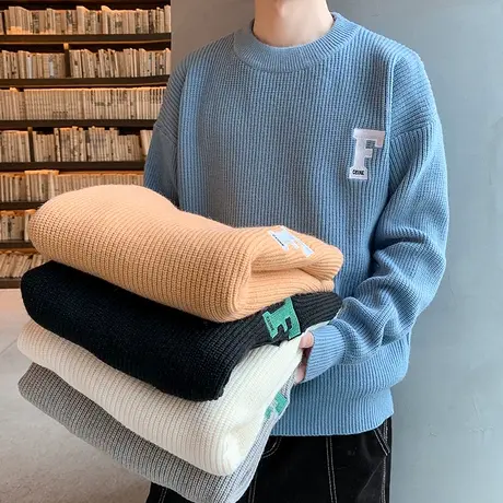 加厚男毛衣时尚休闲青春潮流圆领长袖针织打底衫男装秋冬季毛线衣商品大图