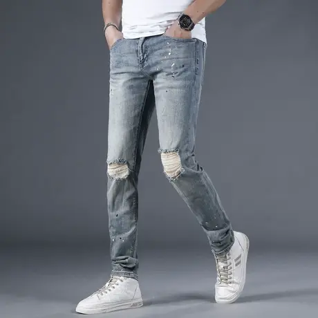 牛仔裤男士2024春季潮牌修身小脚休闲泼墨痞帅乞丐破洞长裤子蓝色商品大图