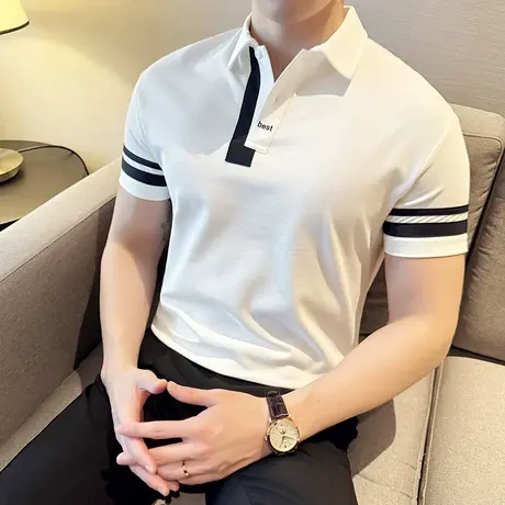 撞色休闲短袖POLO男夏季轻熟简约ins潮牌修身痞帅潮男半袖翻领t恤商品大图