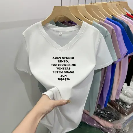 2024新款女夏装白色短袖t恤鸡心领正肩字母印花纯棉宽松百搭韩版图片