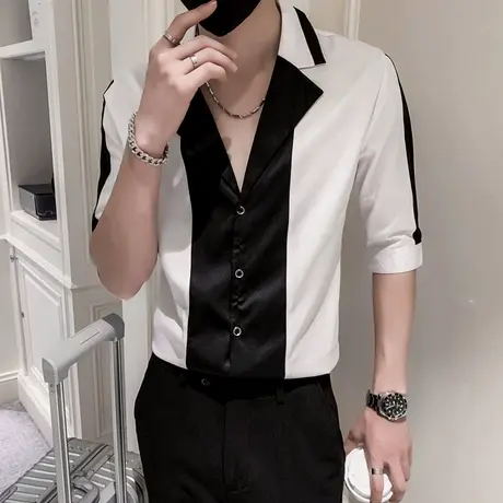 衬衫男春夏季七分袖港风日系设计感小众外套ins夏装短袖帅气衬衣商品大图