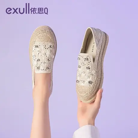 依思q渔夫鞋女2024新款春季编织珍珠小香风帆布鞋一脚蹬单鞋软底图片