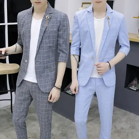 西服男套装春夏韩版中袖外套发型师修身潮流休闲七分袖薄款小西装商品大图