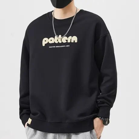 春秋款男装潮牌重磅黑色日系T恤秋季情侣印花圆领卫衣秋天上衣服图片