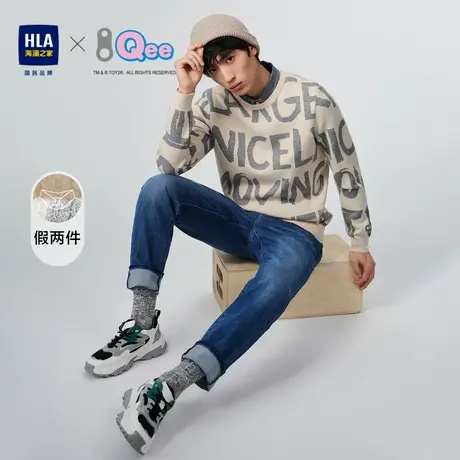 HLA/海澜之家Qee联名针织衫秋冬衬衫领字母休闲毛衫假两件毛衣男图片
