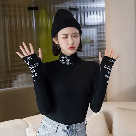 套手指高领打底衫女长袖2023春秋冬新款加绒磨毛修身字母内搭上衣商品大图