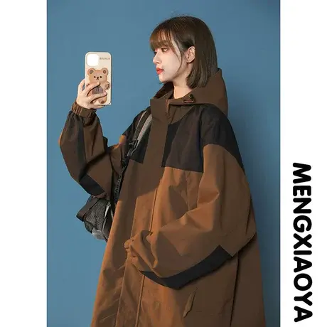 户外冲锋外套女2023新款宽松百搭休闲旅行撞色连帽登山防水夹克商品大图