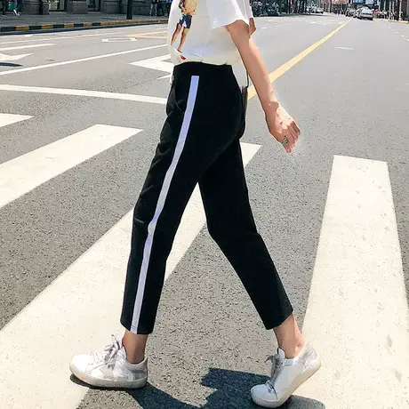 夏季韩版ulzzang侧边条纹拼色抽绳休闲运动裤哈伦裤九分裤长裤女商品大图