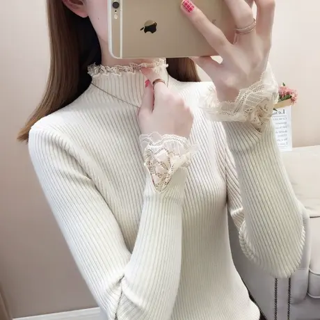 半高领打底衫2020秋冬新款韩版修身针织衫内搭上衣蕾丝毛衣女套头商品大图
