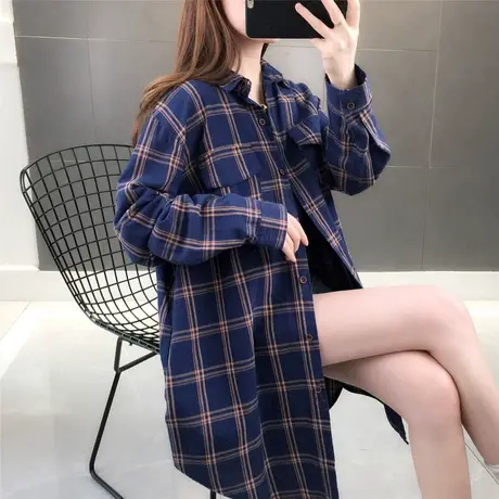 中长款格子衬衫女春秋装新款韩版宽松复古港味长袖上衣外套bf潮图片