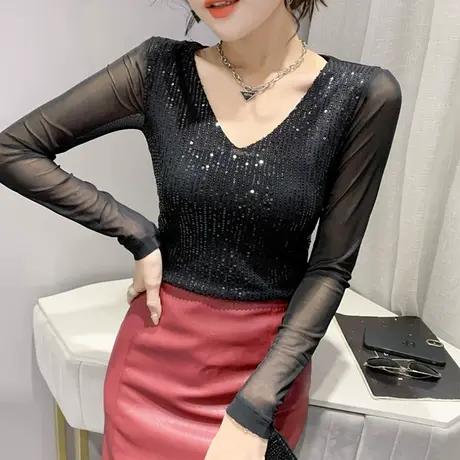女装2023新款潮时尚V领长袖T恤闪闪亮片上衣洋气百搭打底衫女春秋商品大图