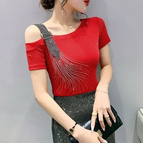 女装2023新款潮性感网纱小衫短袖设计感紧身露肩T恤洋气百搭上衣商品大图