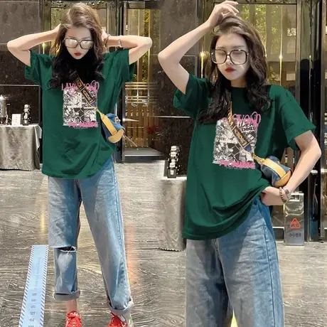 美式墨绿色纯棉短袖t恤女2023夏新款欧货大版宽松圆领上衣体恤ins商品大图