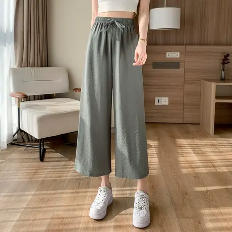 松紧腰阔腿裤女夏季薄款2023新款裤子休闲八分直筒裤小个子九分裤商品大图