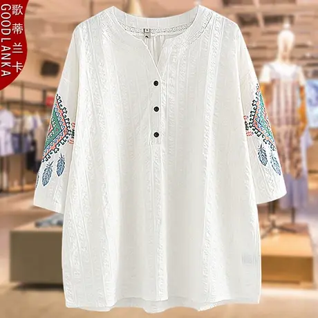 中年女士妈妈七分袖上衣春夏装新款民族风小衫加大码女装纯棉T恤图片