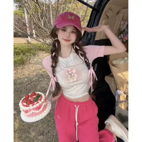 美式复古辣妹粉色插肩袖短袖t恤女夏纯欲风修身显瘦短款露脐上衣商品大图