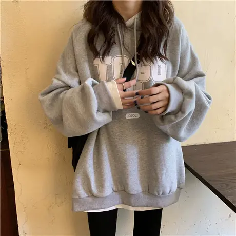连帽卫衣女2021秋冬ins设计感小众宽松韩版chic港风加绒加厚外套商品大图