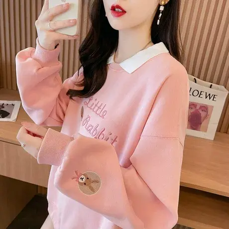 娃娃领卫衣女春秋季韩版宽松早秋薄款小个子polo领假两件上衣外套图片