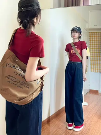 纯棉正肩短袖t恤女春夏季2023新款圆领修身显瘦打底上衣美式复古图片