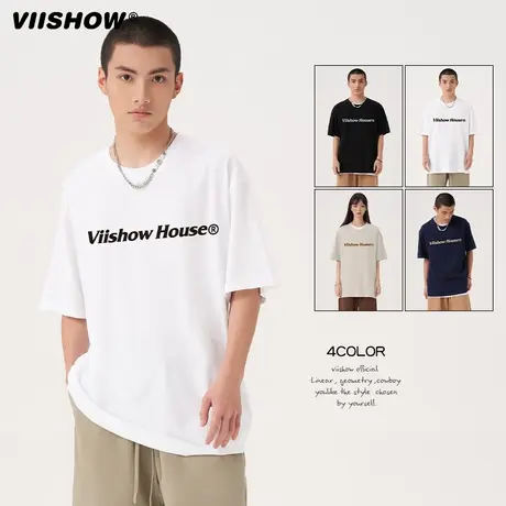 VIISHOW基础大logo印花短袖T恤男日系潮牌重磅宽松圆领上衣情侣装商品大图