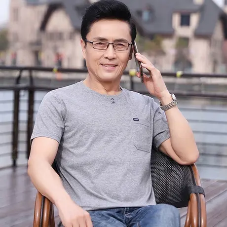 丝光棉爸爸夏装中年男士短袖t恤男40-50岁夏天圆领中老年人上衣服商品大图