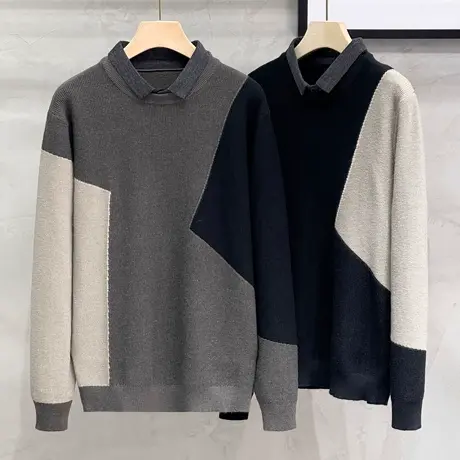 秋冬季新款假两件毛衣男衬衫领潮流拼接休闲针织衫男线衣带领加厚商品大图