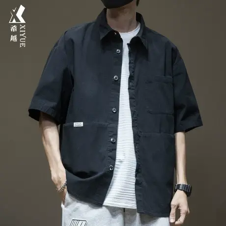 希越高级感日系短袖衬衫男多口袋2023夏季新款上衣大码工装黑衬衣商品大图