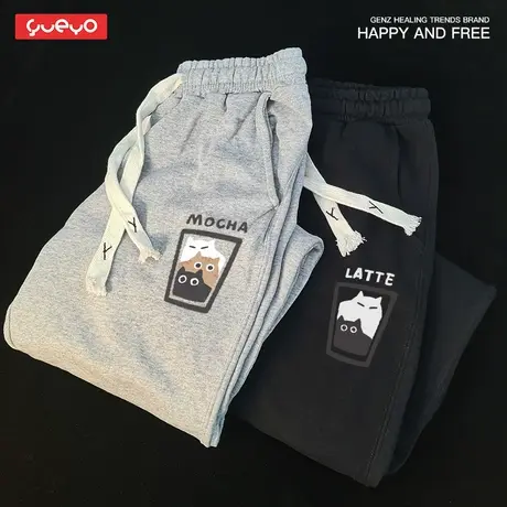 悦游 摩卡拿铁 薄款卫裤男春秋季高街猫咪咖啡宽松束脚休闲裤纯棉商品大图