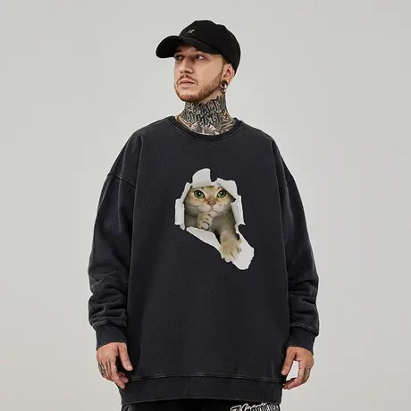 oversize小猫圆领卫衣男潮牌ins重磅加肥加大码男装春秋加绒无帽商品大图