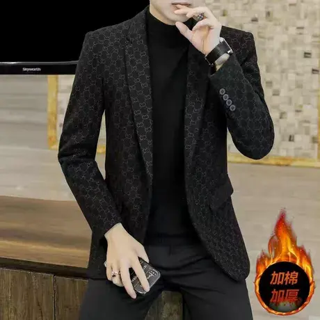 休闲西服男秋冬加棉加厚毛呢外套时尚修身韩版加绒小西装单西上衣图片