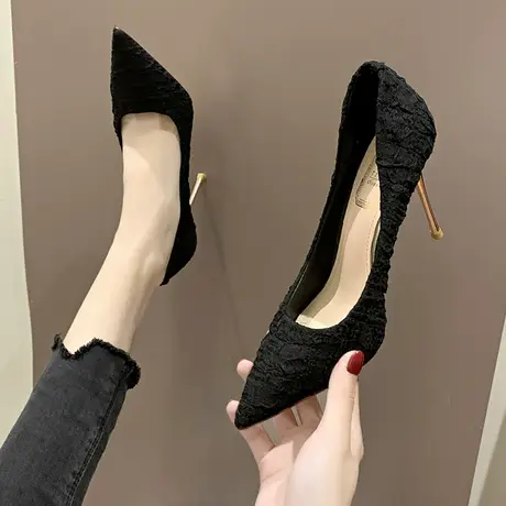 女鞋秋季2023新款时尚百搭10cm超高跟鞋女细跟性感法式尖头单鞋子图片
