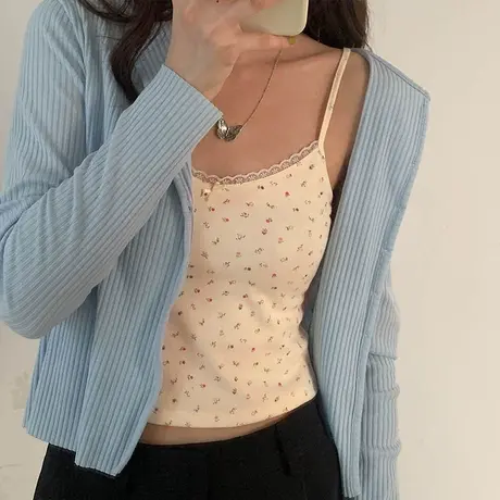 甜美蝴蝶结蕾丝法式碎花打底小吊带背心女夏季内搭外穿短款上衣潮商品大图