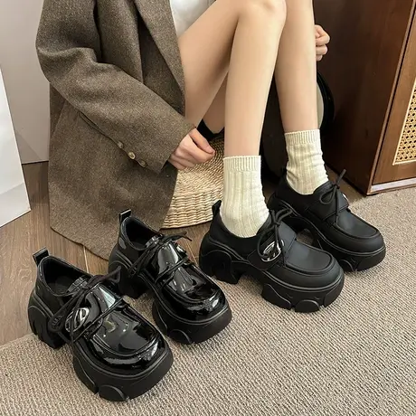 厚底黑色乐福鞋女2024年春秋季新款小个子增高单鞋法式粗跟小皮鞋商品大图