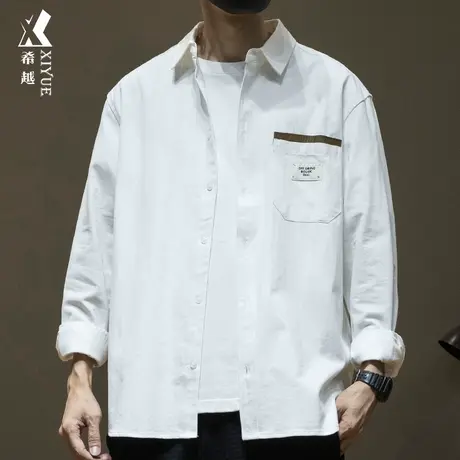 希越休闲牛仔衬衫男款2024春秋潮牌美式衬衣宽松大码男士白色外套图片