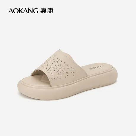 奥康女鞋 2023夏季新款真皮镂空厚底增高妈妈凉鞋外穿舒适拖鞋图片