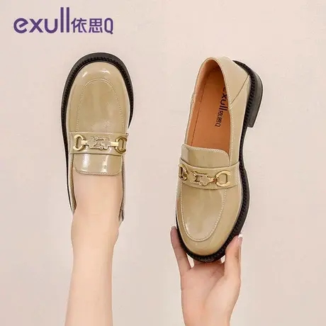 exull/依思Q2024年春季新款真皮ins风粗跟深口带扣装饰乐福鞋女图片