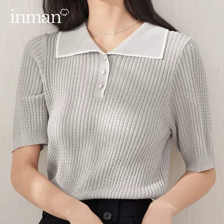 茵曼旗舰店翻领短袖POlo衫女2023年新款气质宽松针织上衣显瘦T恤图片