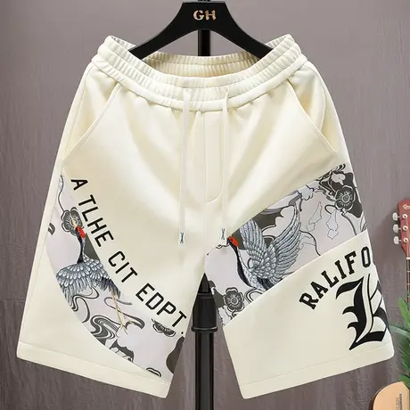 国潮印花短裤男夏季薄款宽松运动中裤男士中国风针织休闲五分裤子商品大图