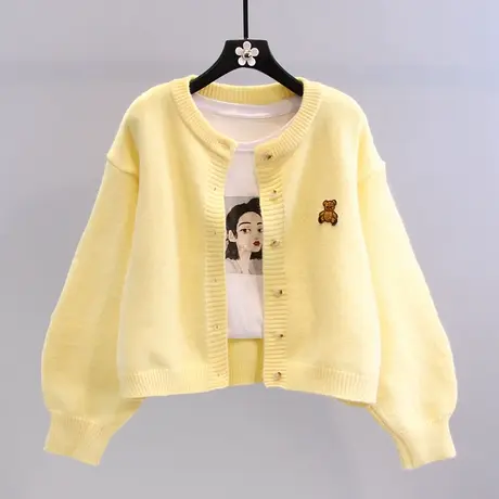 刺绣小熊毛衣外套女秋装2023新款韩版宽松学院风百搭短款针织开衫图片
