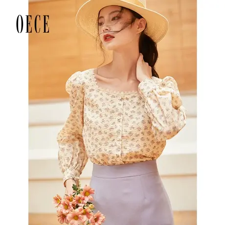 Oece春秋女装 温柔复古法式方领衬衫泡泡袖碎花长袖上衣图片