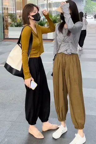 韩系松紧腰薄款宽松休闲裤女夏季新款纯色百搭香蕉裤九分裤哈伦裤商品大图