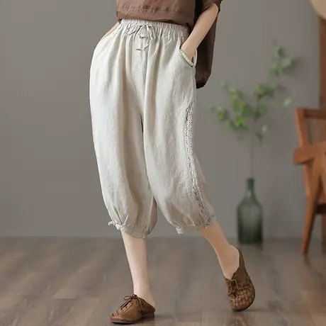dza 高腰显瘦休闲七分棉麻裤子女士夏季薄款刺绣宽松阔腿亚麻女裤图片