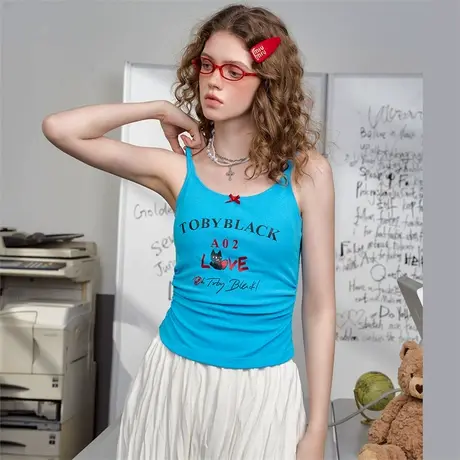 a02美式复古字母收腰显瘦针织吊带2025春季打底辣妹印花女式背心图片