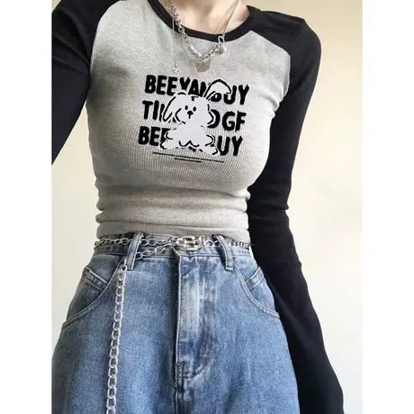 辣妹短款撞色拼接长袖T恤女初秋韩版洋气减龄修身纯棉上衣打底衫商品大图