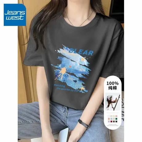 KV真维斯深灰色夏季女款上衣 韩版全棉圆领纯棉短袖t恤女2025新款商品大图