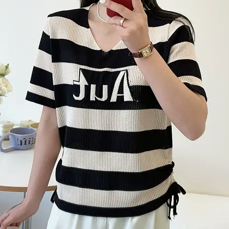 夏季薄款v领条纹抽绳针织短袖女2025新款爆款t恤女小个子半袖上衣商品大图