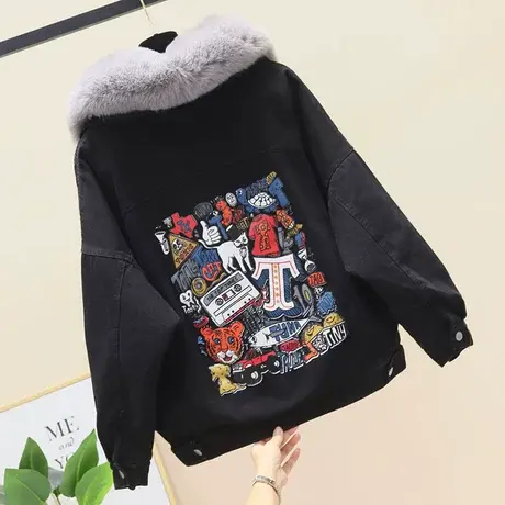 2023新款秋冬大毛领牛仔外套女加绒加厚韩版炸街短款派克服上衣潮商品大图